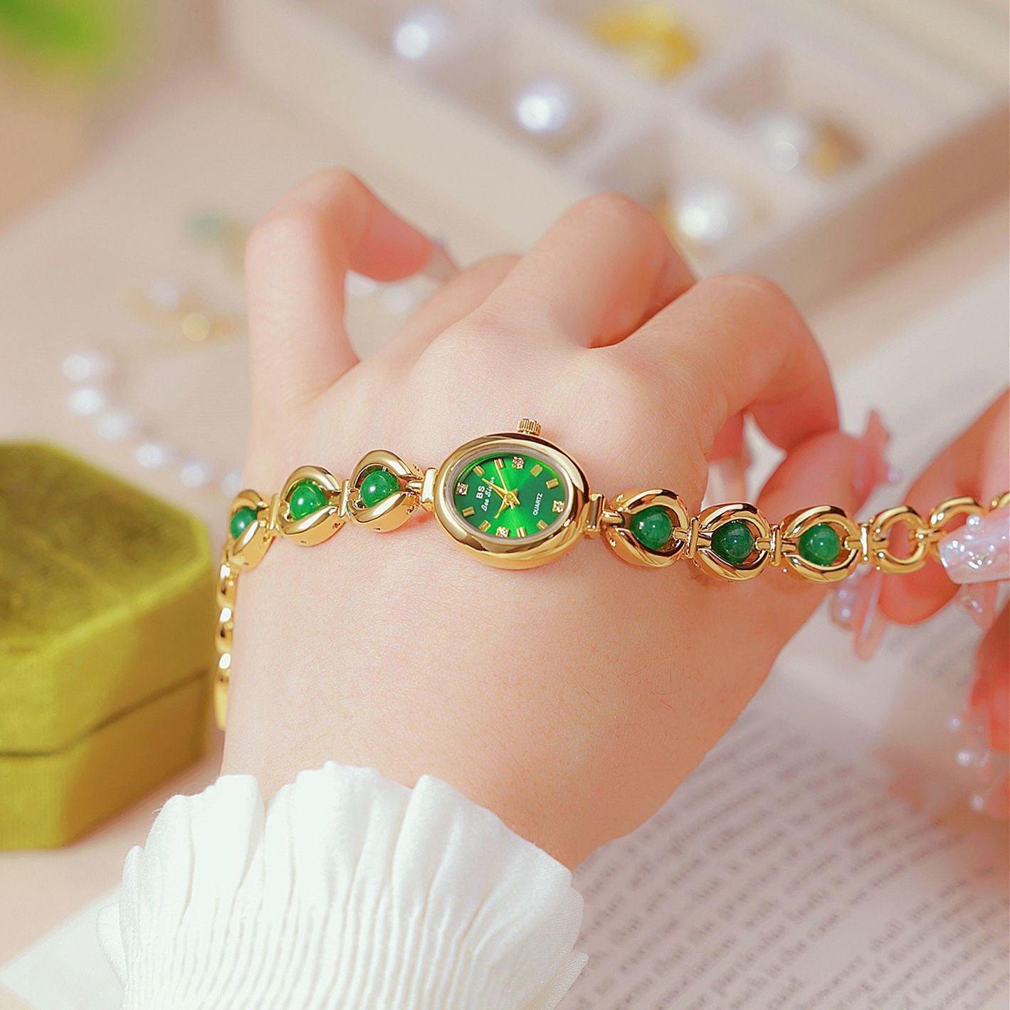Oval Dial Pearl Link Bracelet Watch