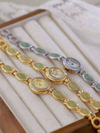 Oval Dial Green Gemstone Link Bracelet Watch