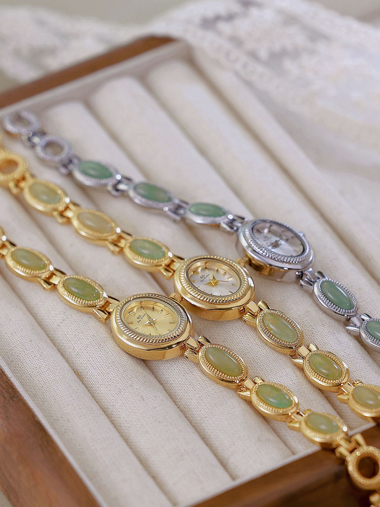 Oval Dial Green Gemstone Link Bracelet Watch