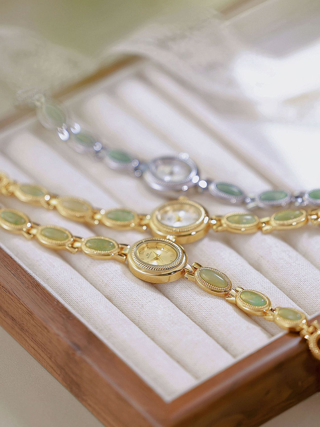 Oval Dial Green Gemstone Link Bracelet Watch