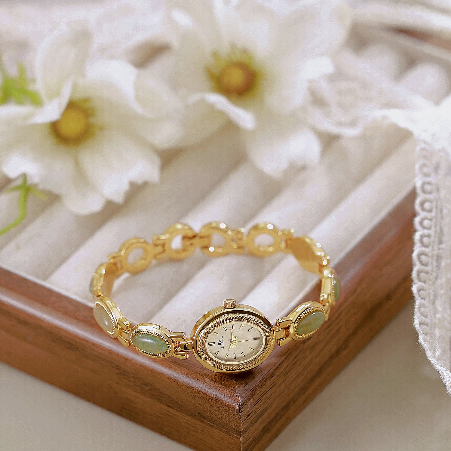 Oval Dial Green Gemstone Link Bracelet Watch