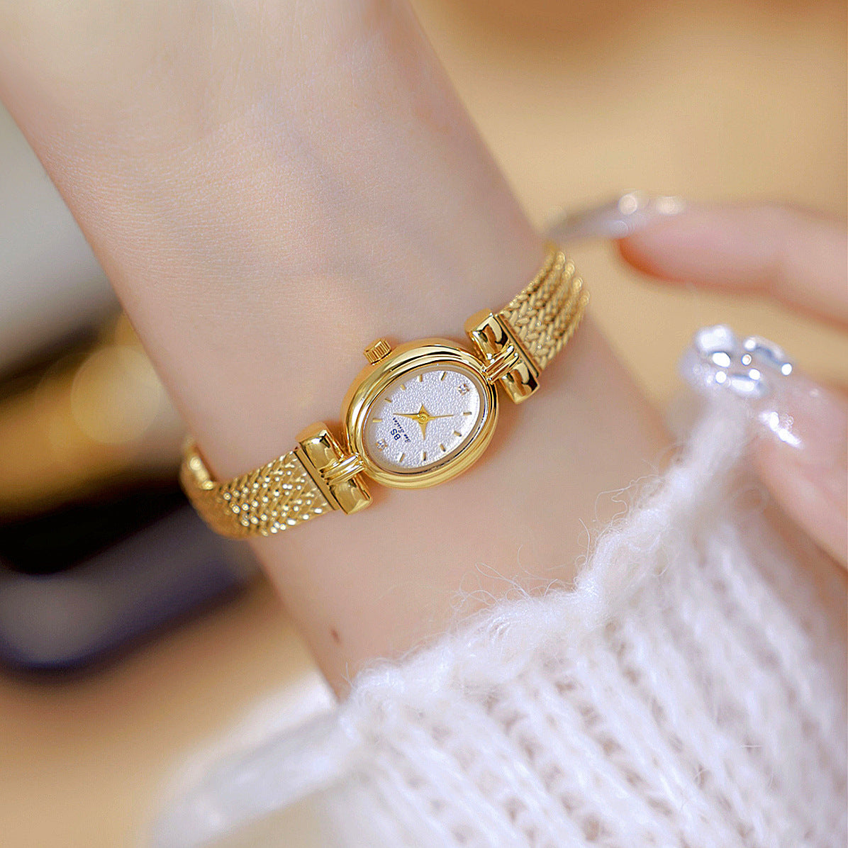 Oval Dial Diamond Accented Link Bracelet Watch