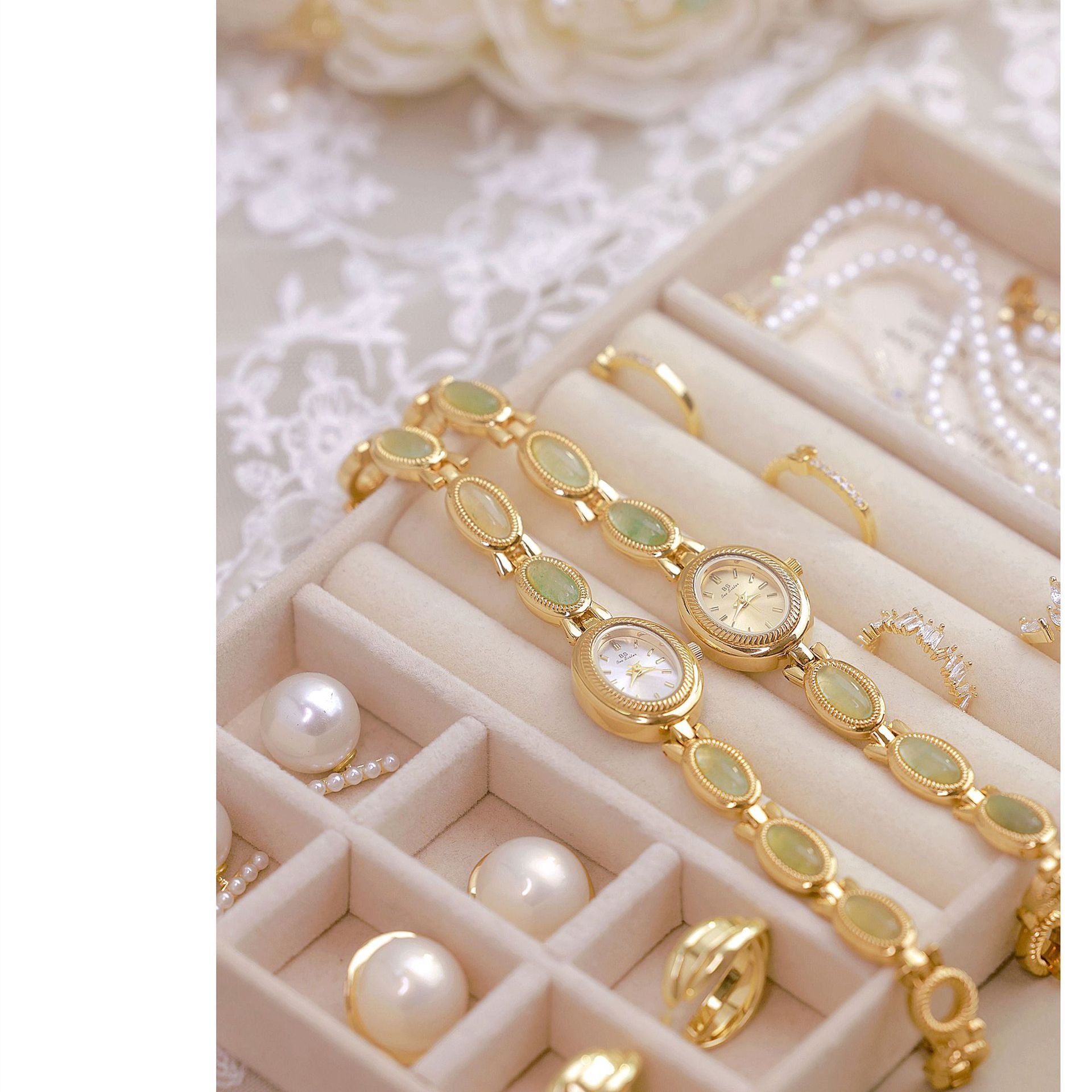 Oval Dial Green Gemstone Link Bracelet Watch