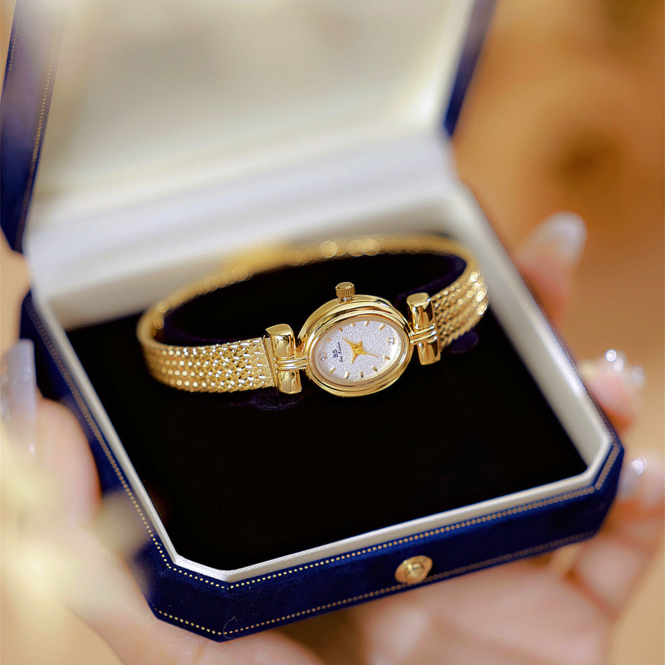 Oval Dial Diamond Accented Link Bracelet Watch