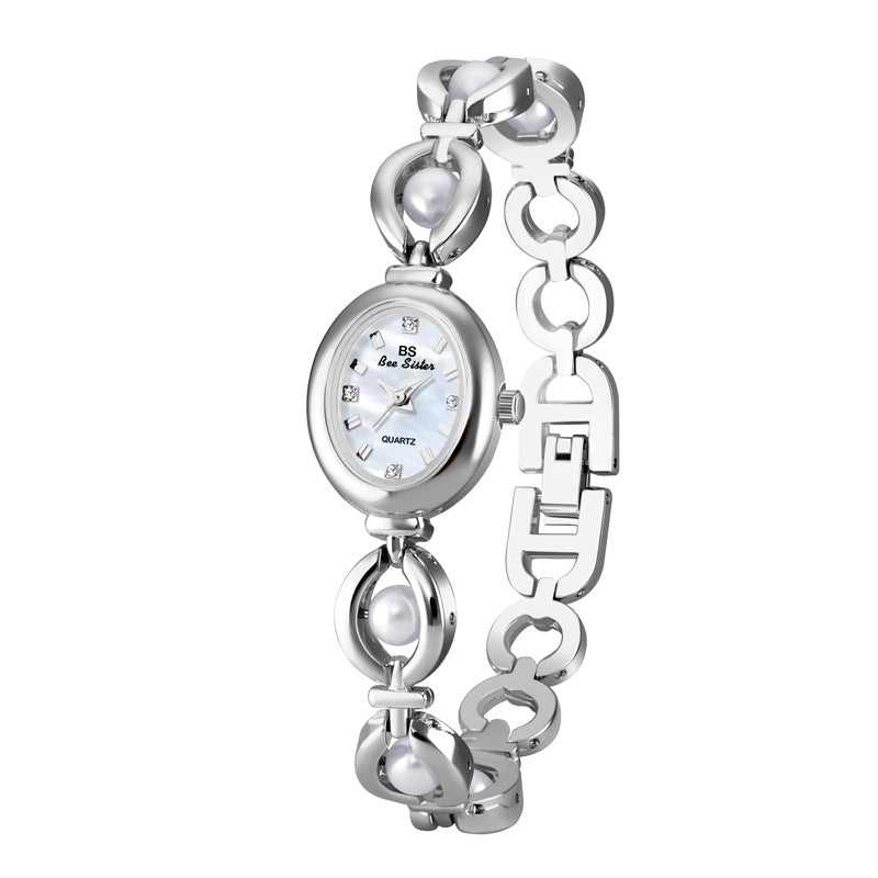 Oval Dial Pearl Link Bracelet Watch