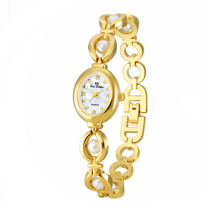 Oval Dial Pearl Link Bracelet Watch