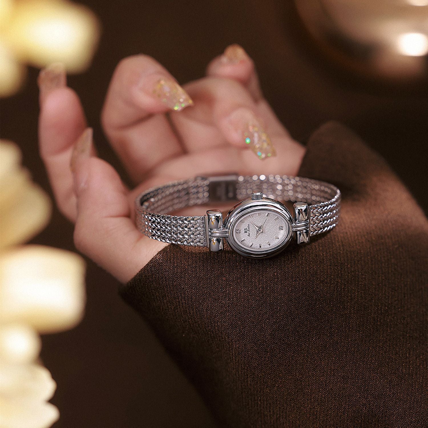 Oval Dial Diamond Accented Link Bracelet Watch