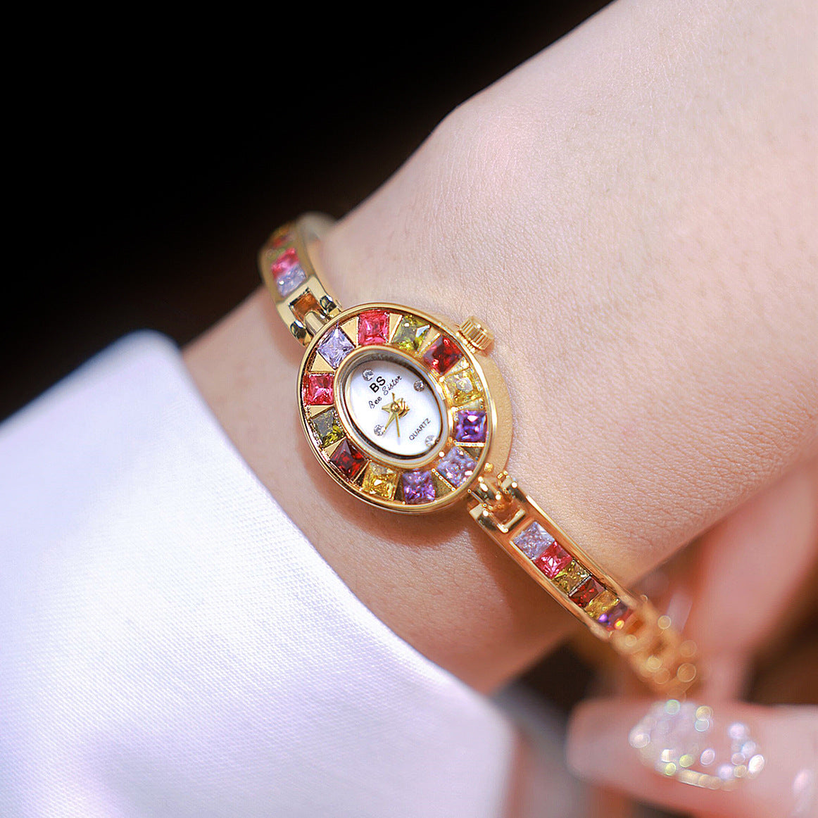 Oval Multi-Gemstone Bezel Bracelet Watch