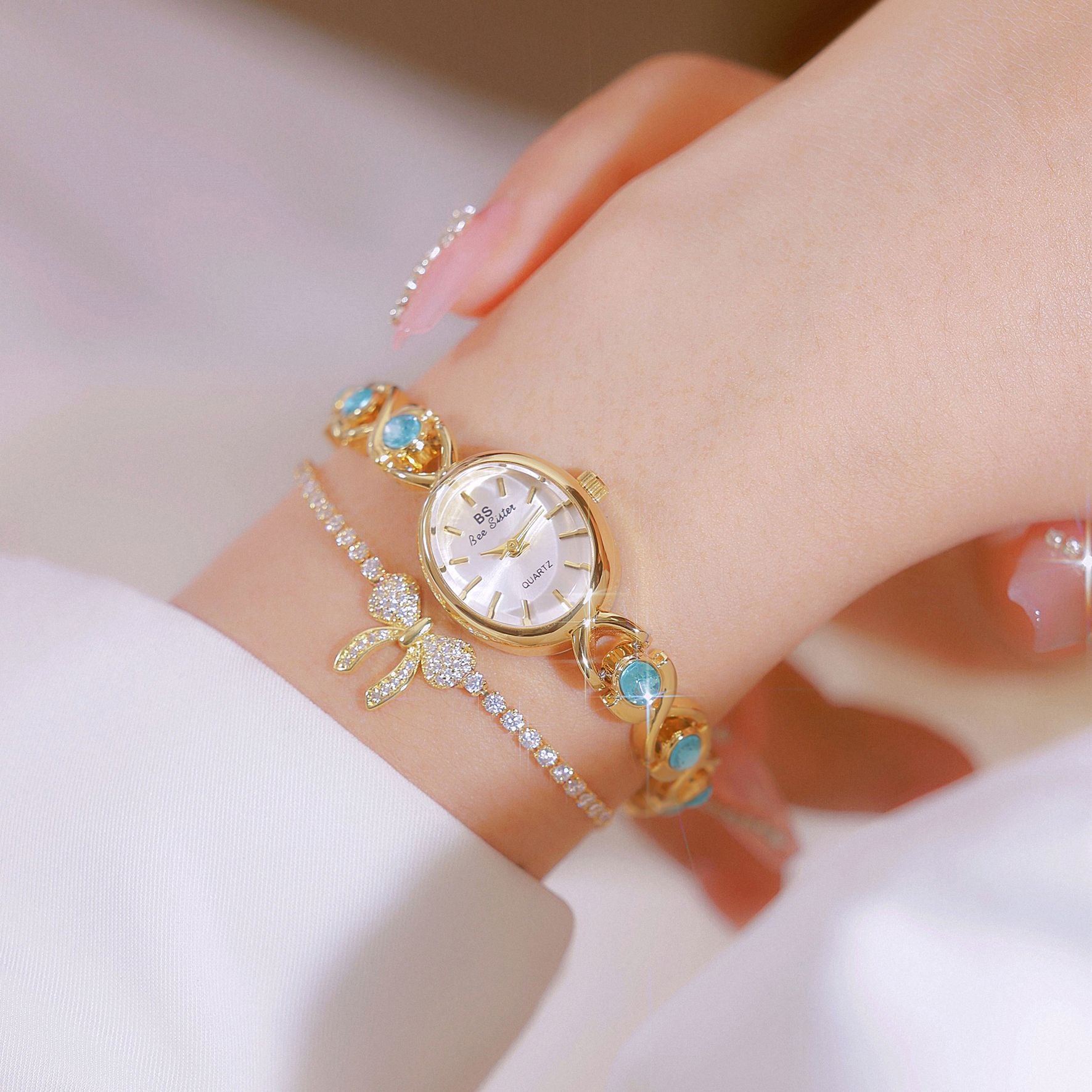 Round Dial Aquamarine Stone Link Bracelet Watch