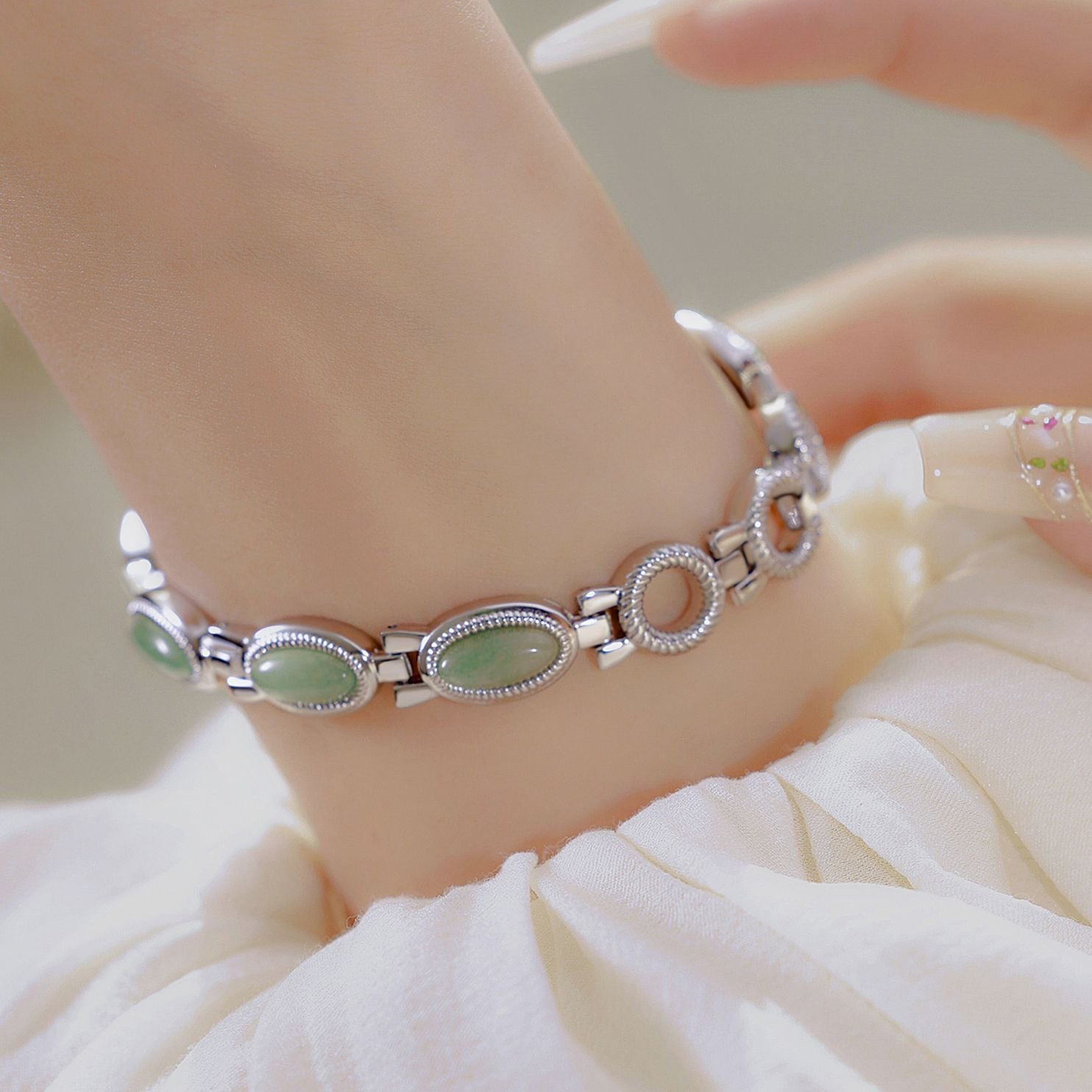 Oval Dial Green Gemstone Link Bracelet Watch