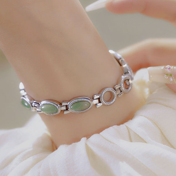 Oval Dial Green Gemstone Link Bracelet Watch