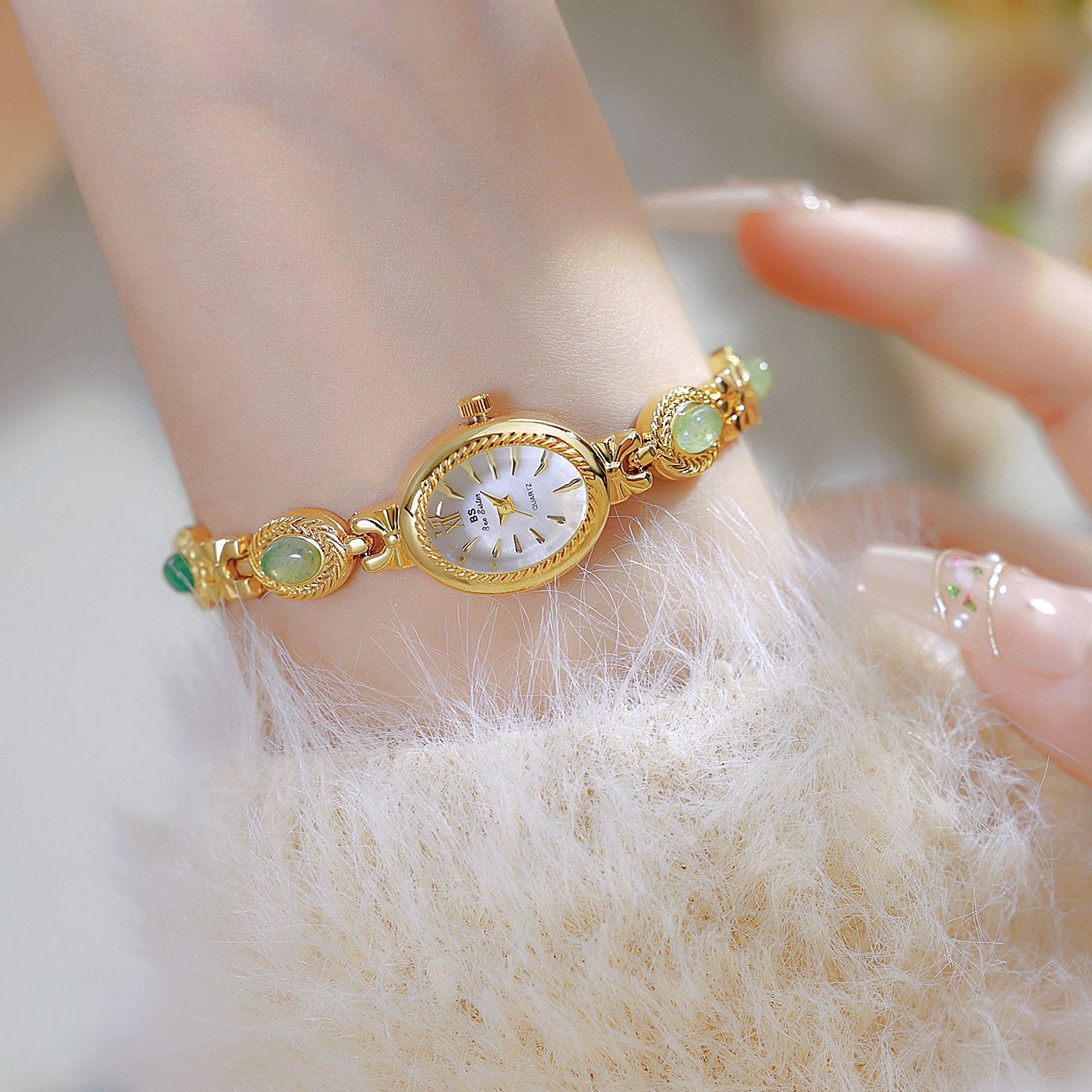 Oval Dial Gemstone Link Bracelet Watch