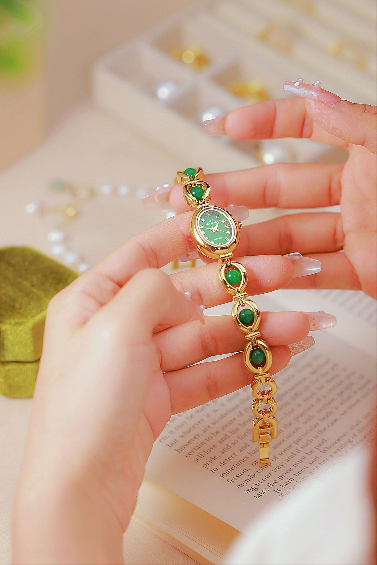 Oval Dial Pearl Link Bracelet Watch