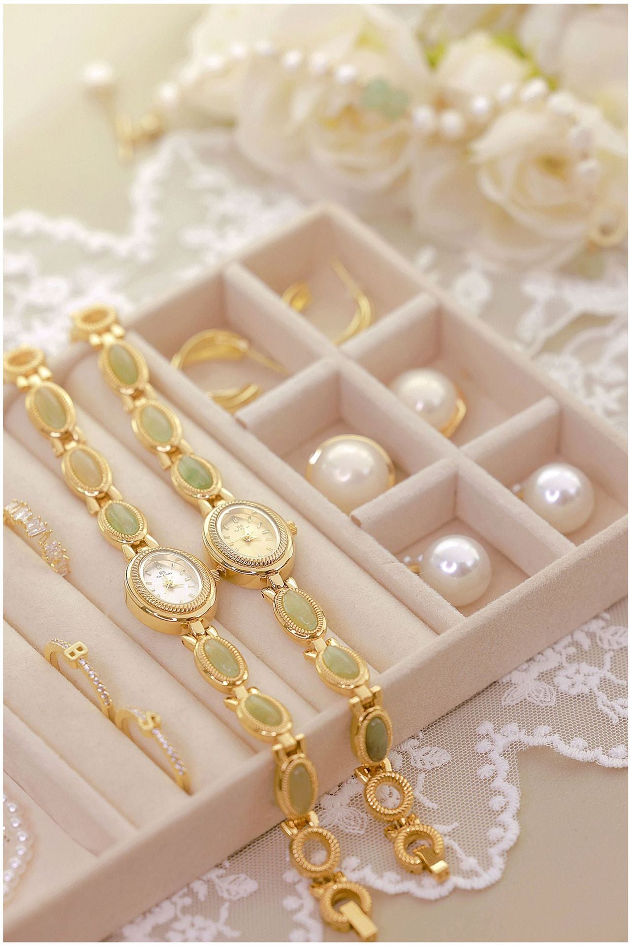 Oval Dial Green Gemstone Link Bracelet Watch
