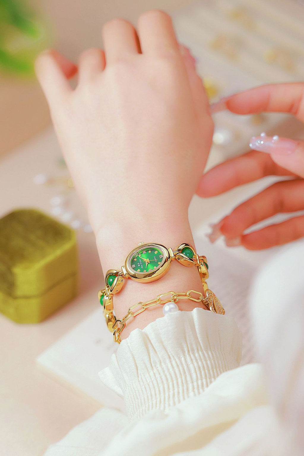 Oval Dial Pearl Link Bracelet Watch