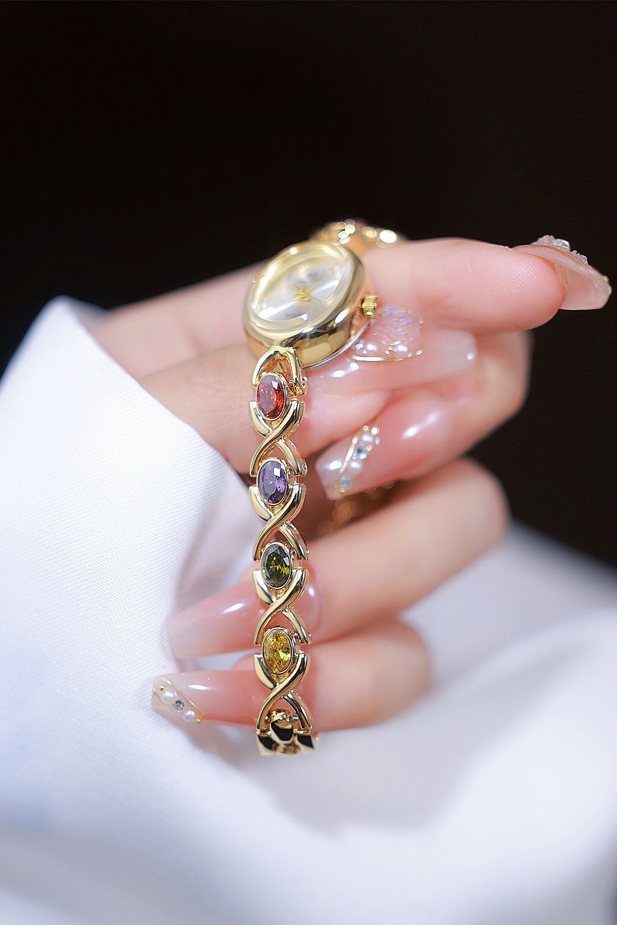 Oval Dial Multi-Gemstone Link Watch
