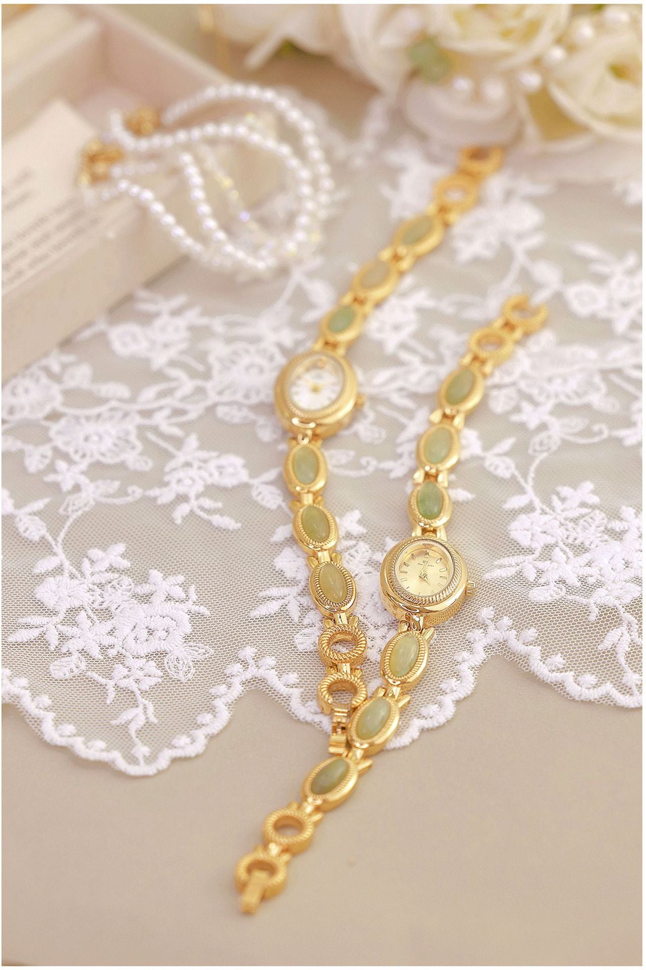 Oval Dial Green Gemstone Link Bracelet Watch