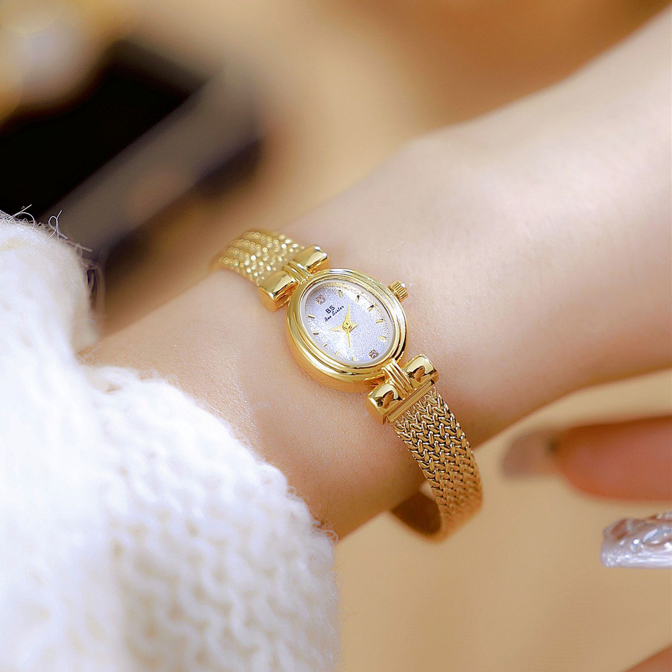 Oval Dial Diamond Accented Link Bracelet Watch