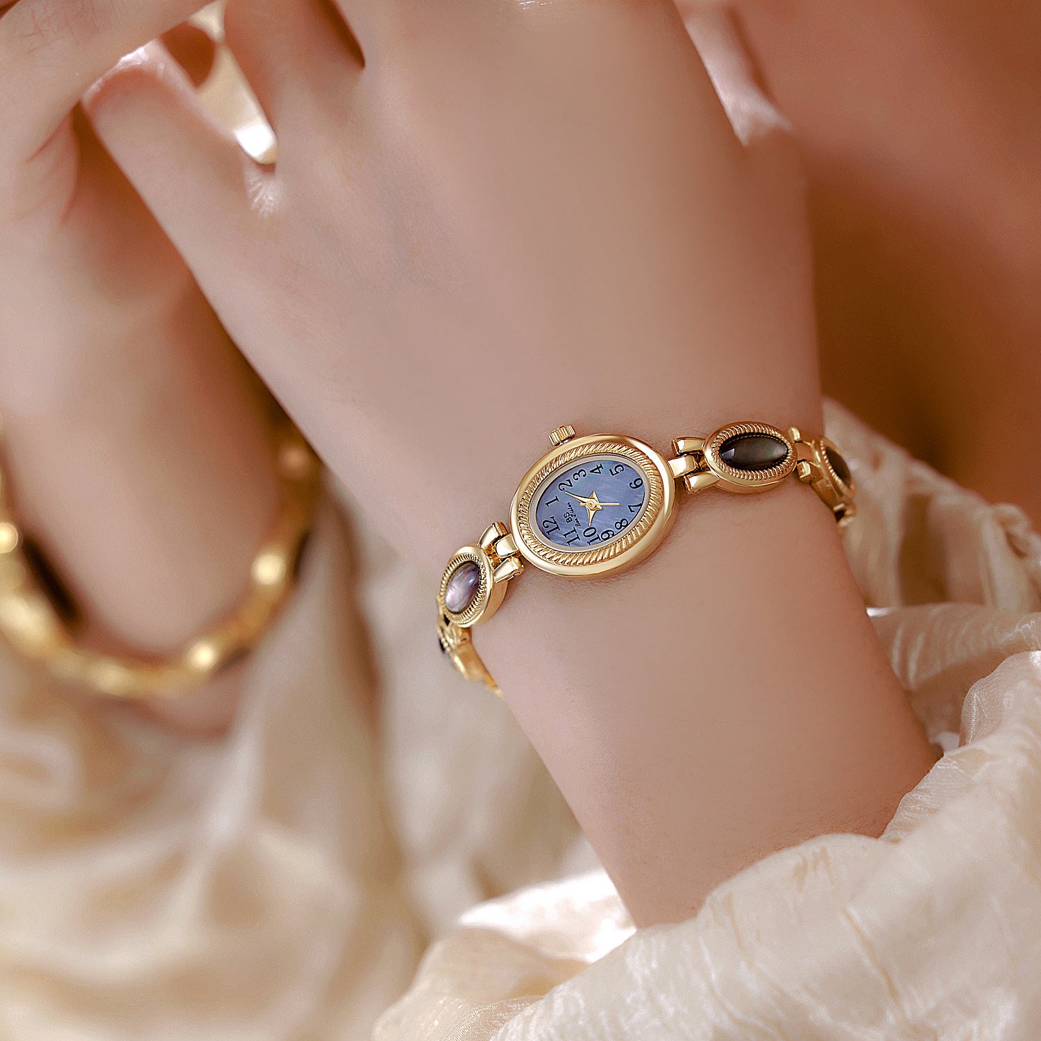 Oval Dial Gemstone Link Bracelet Watch