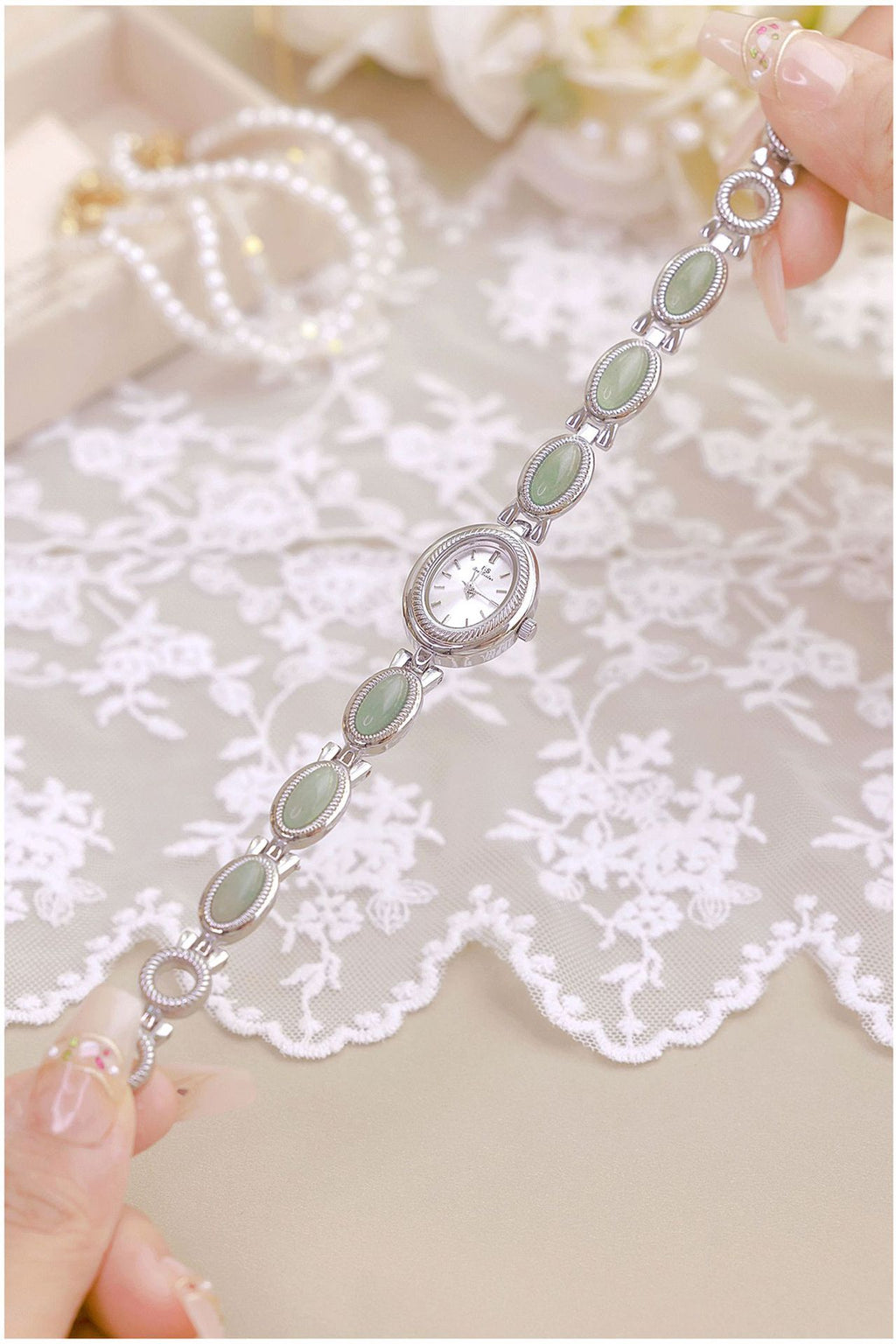 Oval Dial Green Gemstone Link Bracelet Watch