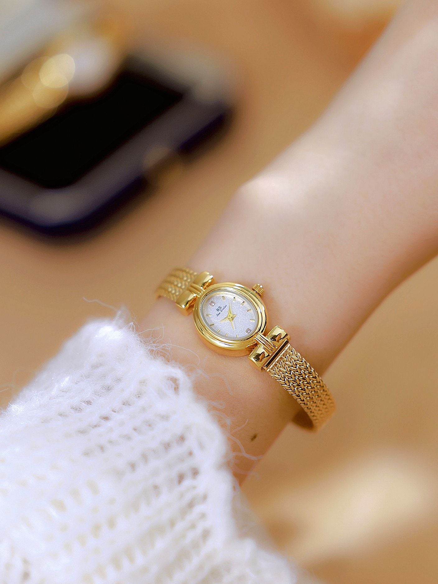 Oval Dial Diamond Accented Link Bracelet Watch