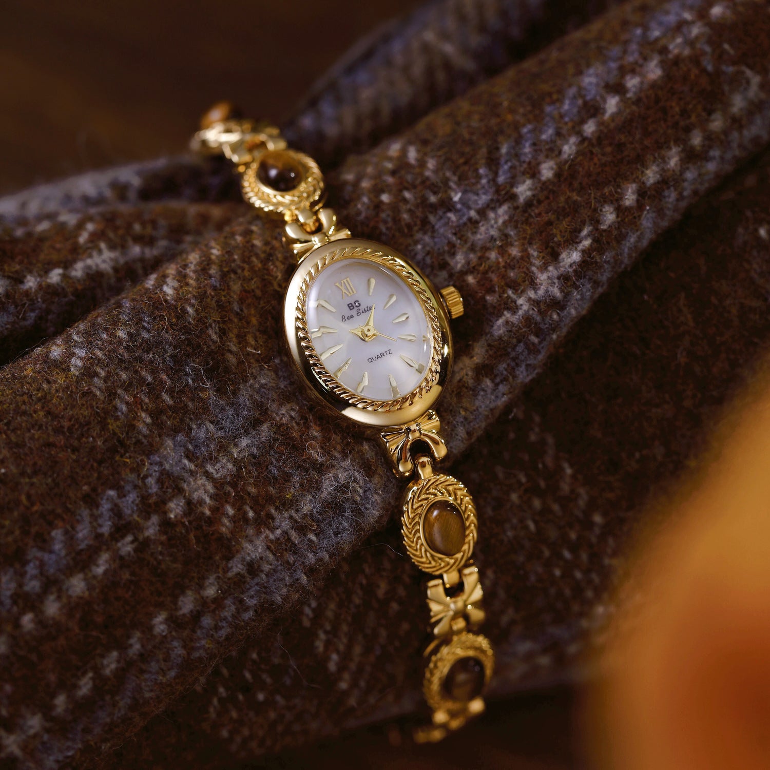 Oval Dial Gemstone Link Bracelet Watch