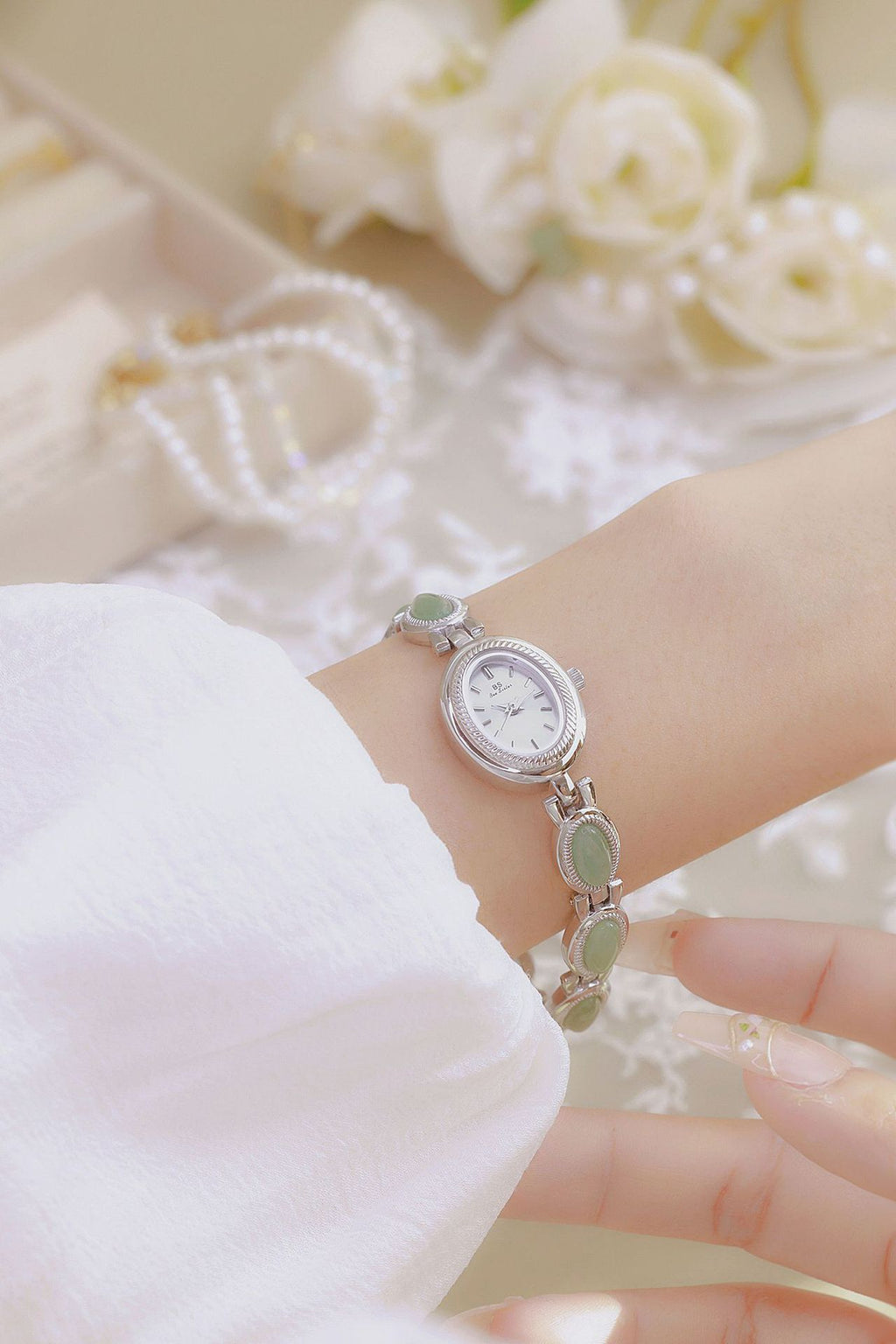 Oval Dial Green Gemstone Link Bracelet Watch