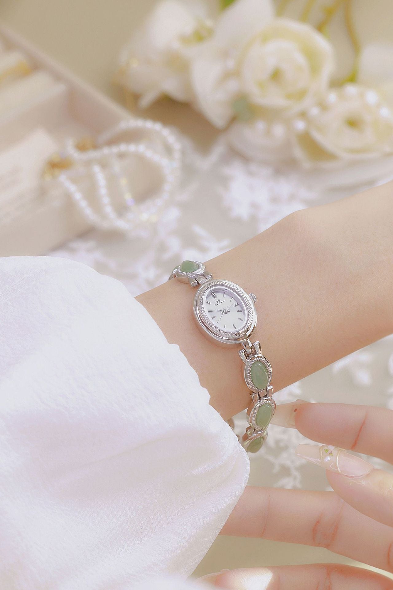 Oval Dial Green Gemstone Link Bracelet Watch