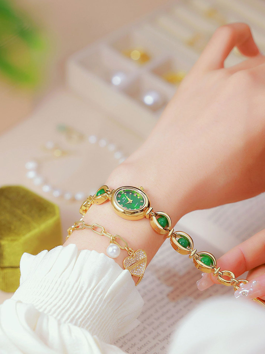 Oval Dial Pearl Link Bracelet Watch