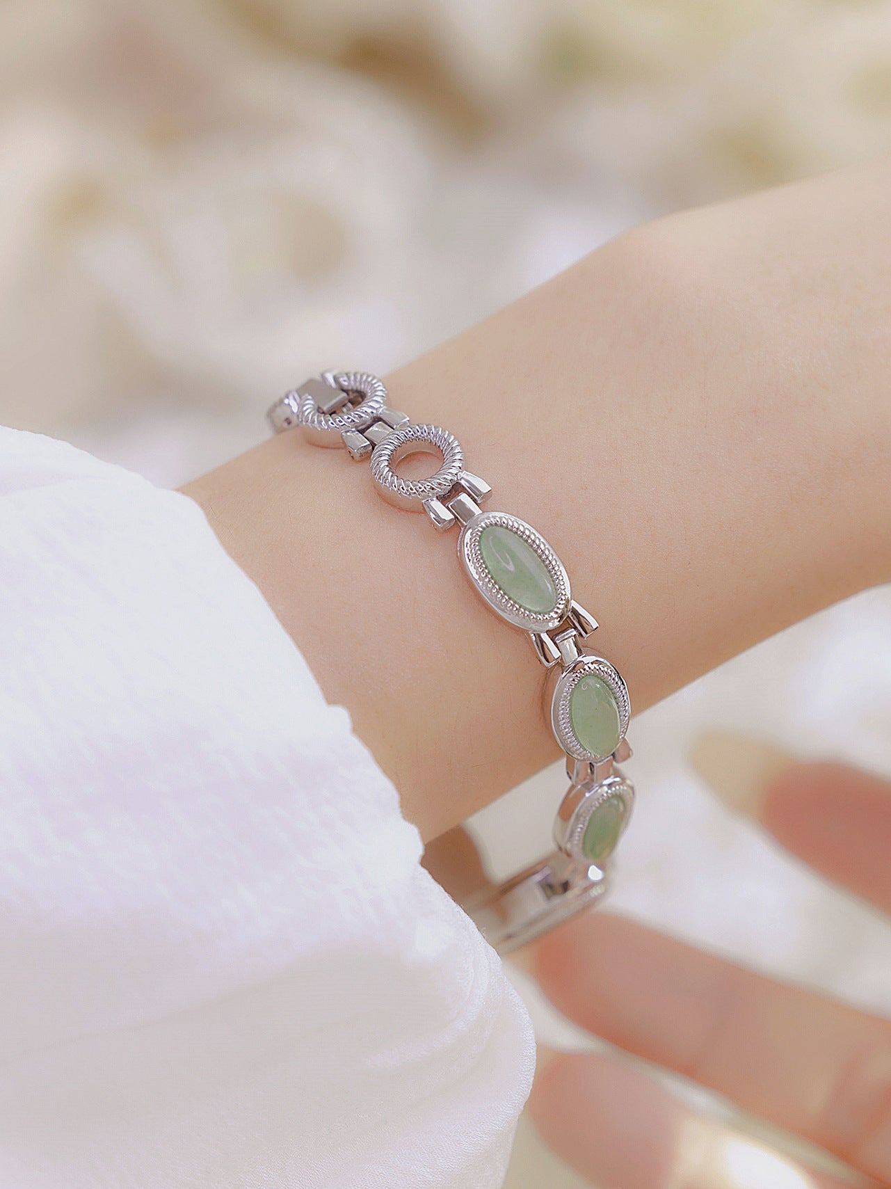 Oval Dial Green Gemstone Link Bracelet Watch