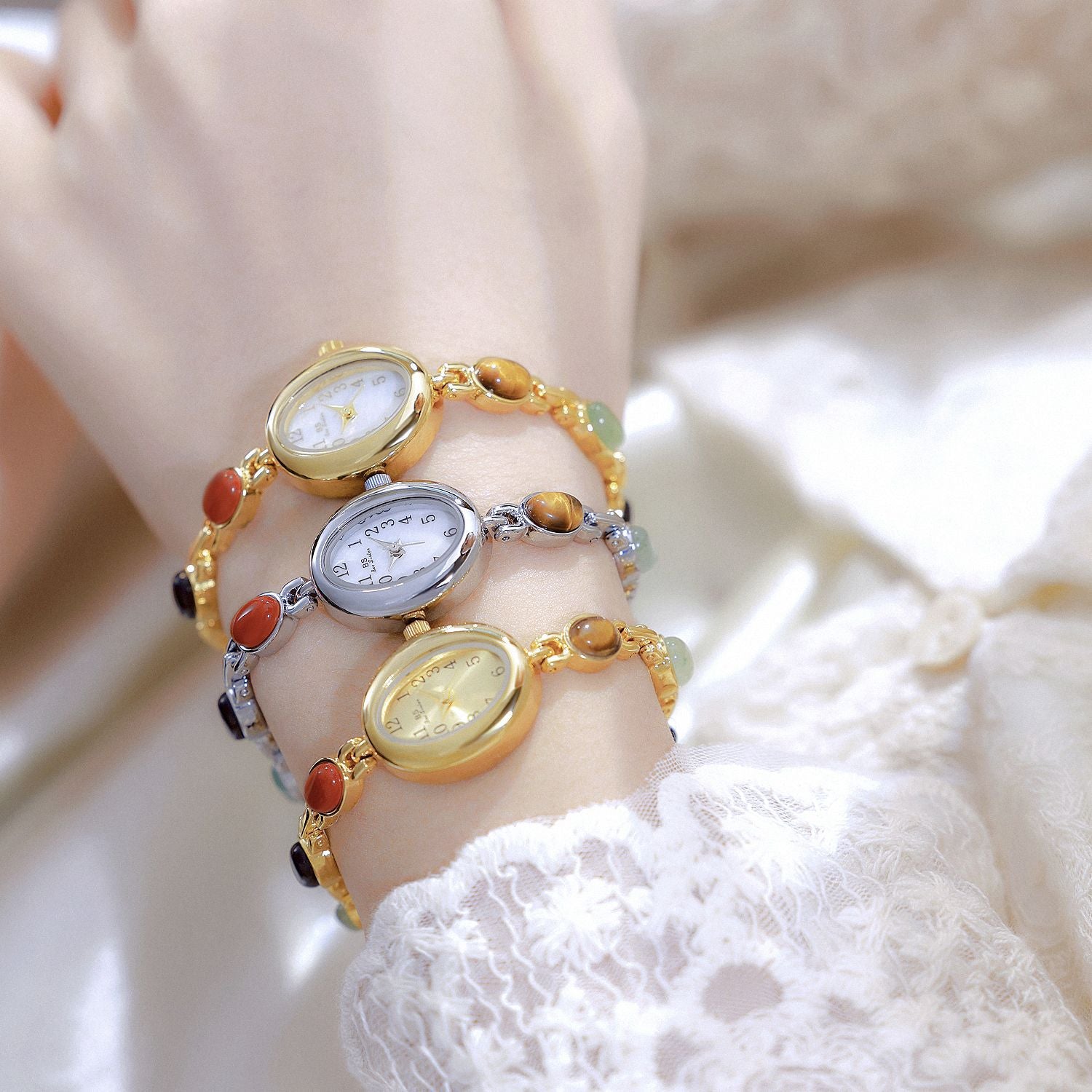 Sophisticated Oval Dial Stone Quartz Watch
