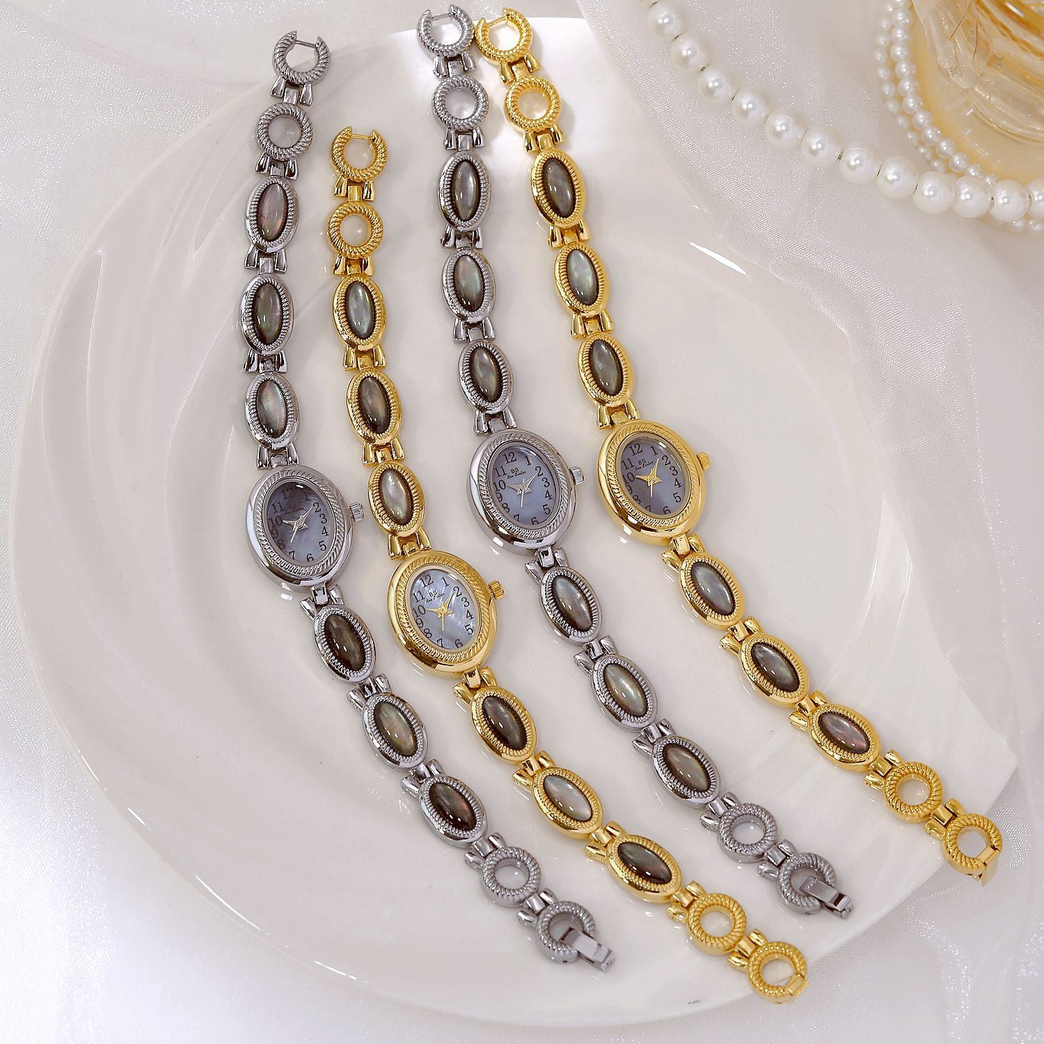 Oval Dial Gemstone Link Bracelet Watch