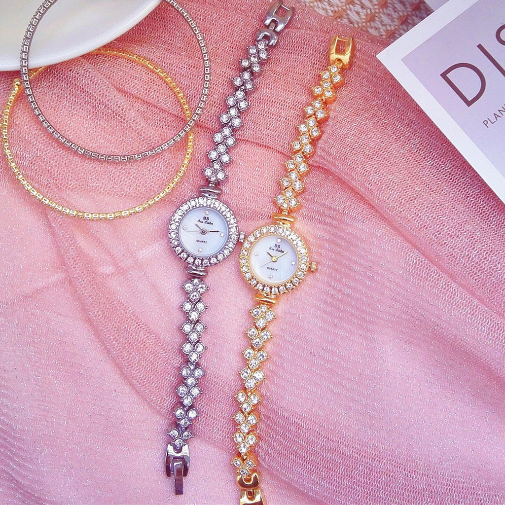Round Crystal Bezel Floral Link Watch