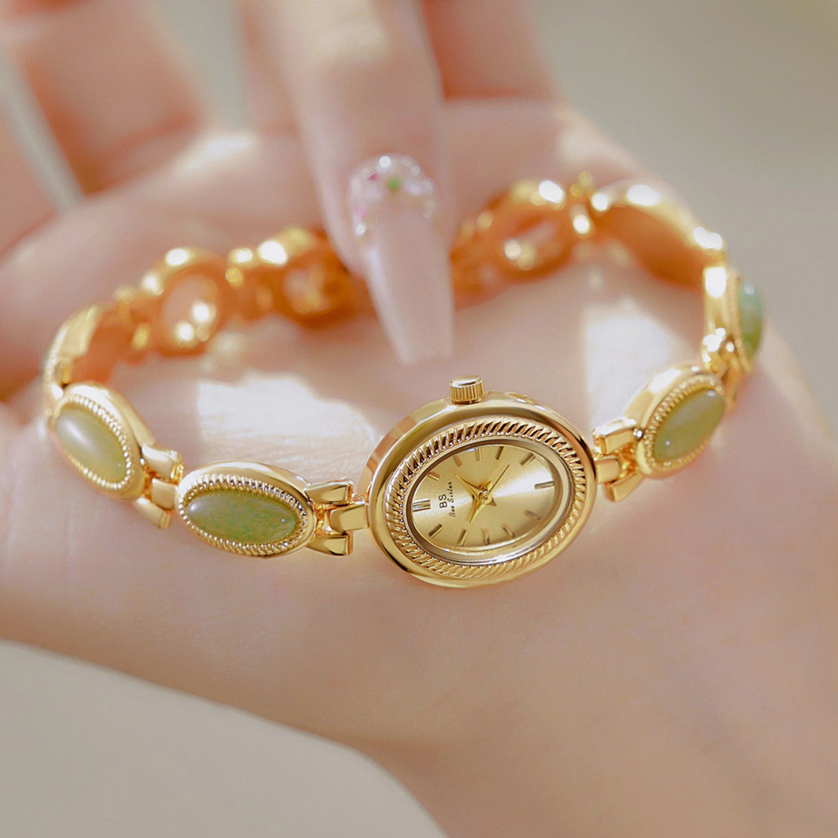 Oval Dial Green Gemstone Link Bracelet Watch