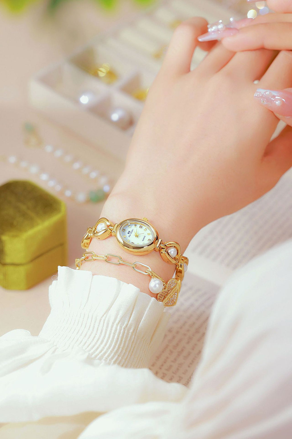 Oval Dial Pearl Link Bracelet Watch