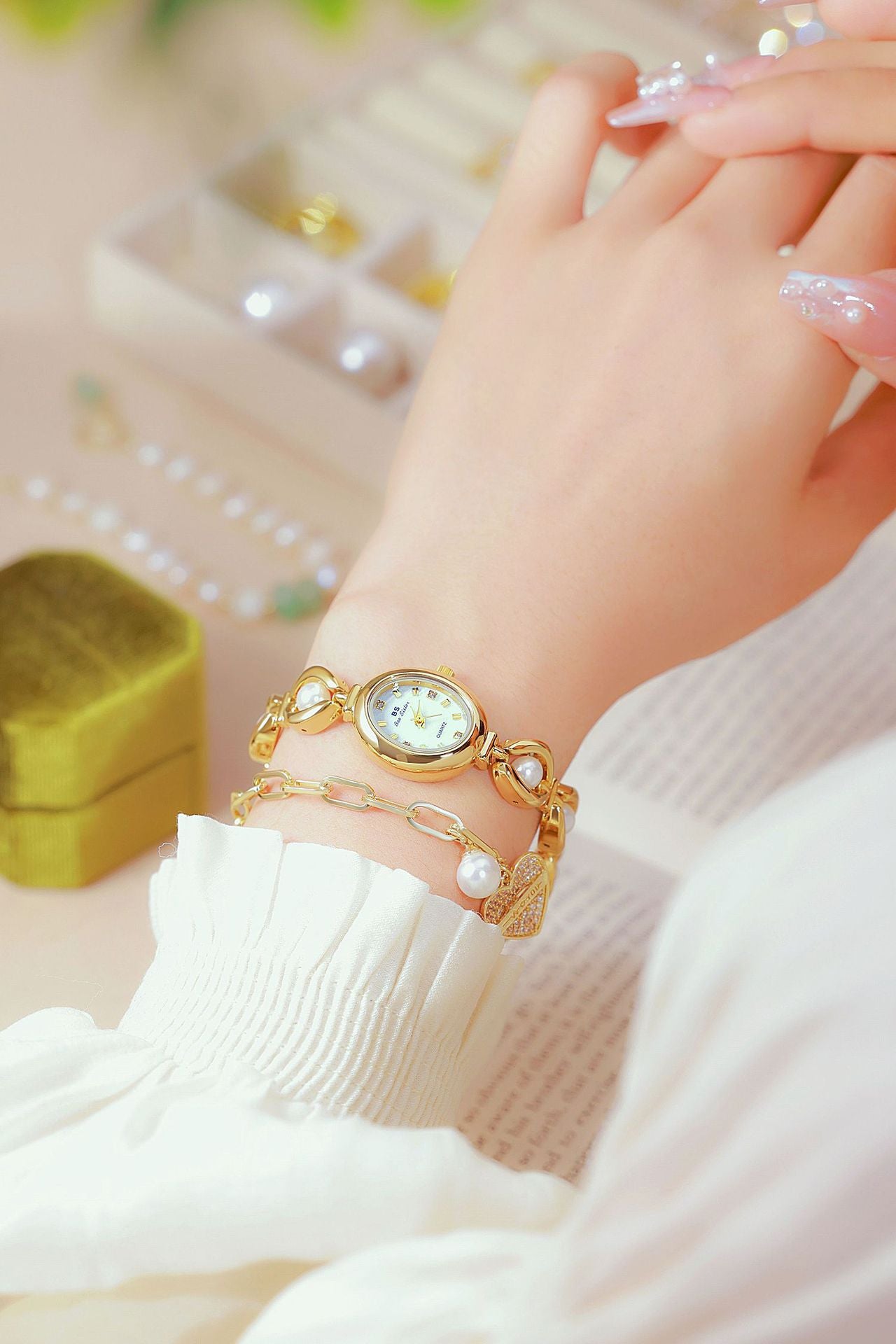 Oval Dial Pearl Link Bracelet Watch