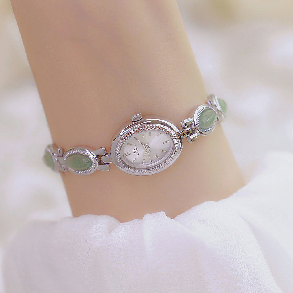 Oval Dial Green Gemstone Link Bracelet Watch