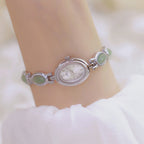 Oval Dial Green Gemstone Link Bracelet Watch