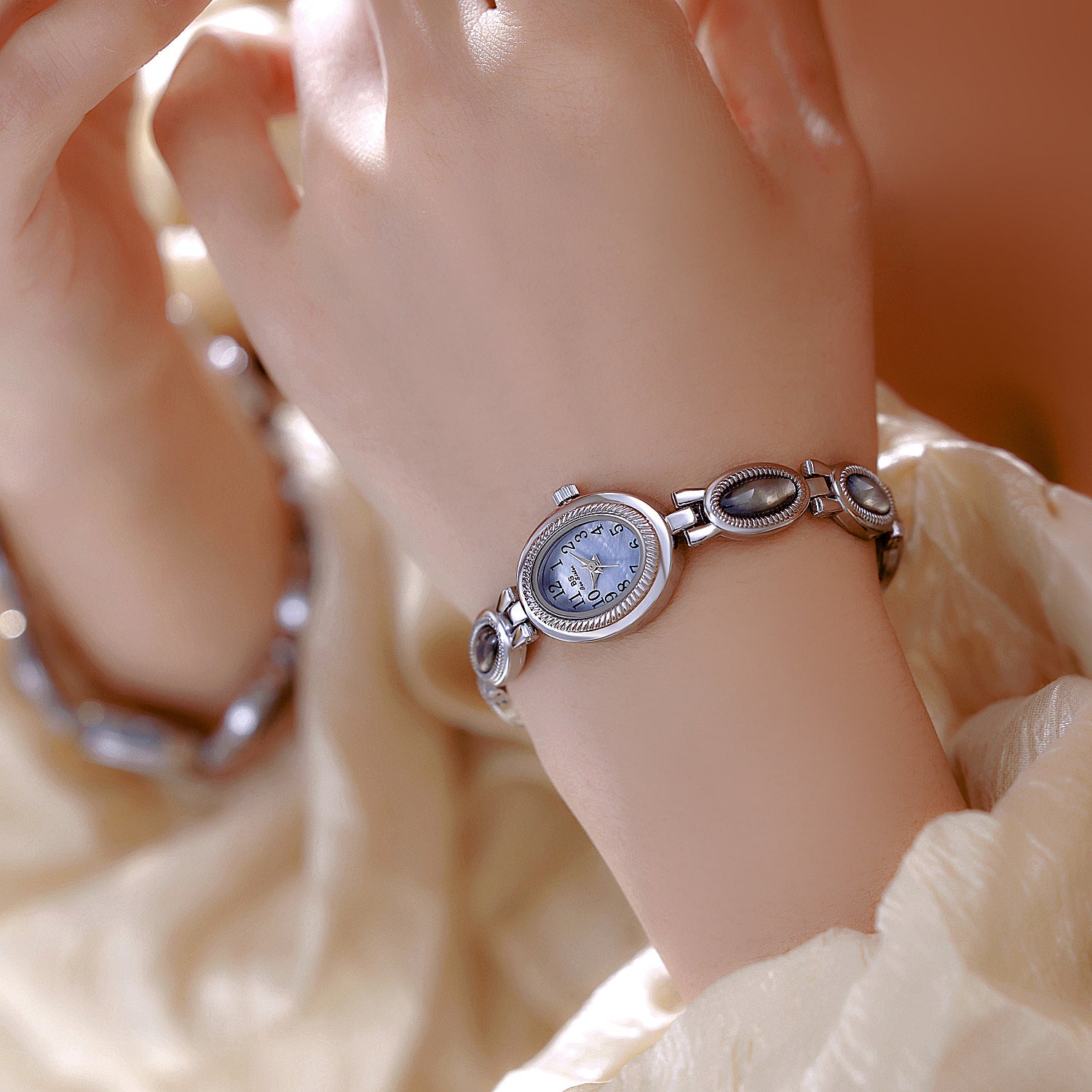 Oval Dial Gemstone Link Bracelet Watch