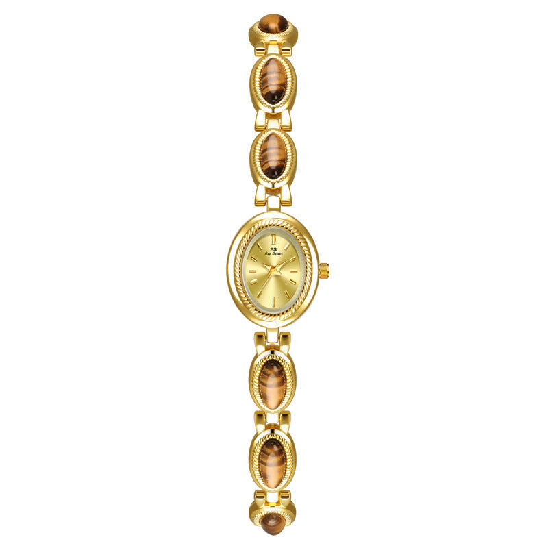 Oval Dial Green Gemstone Link Bracelet Watch