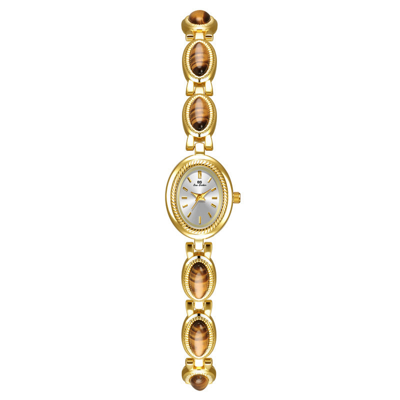 Oval Dial Green Gemstone Link Bracelet Watch