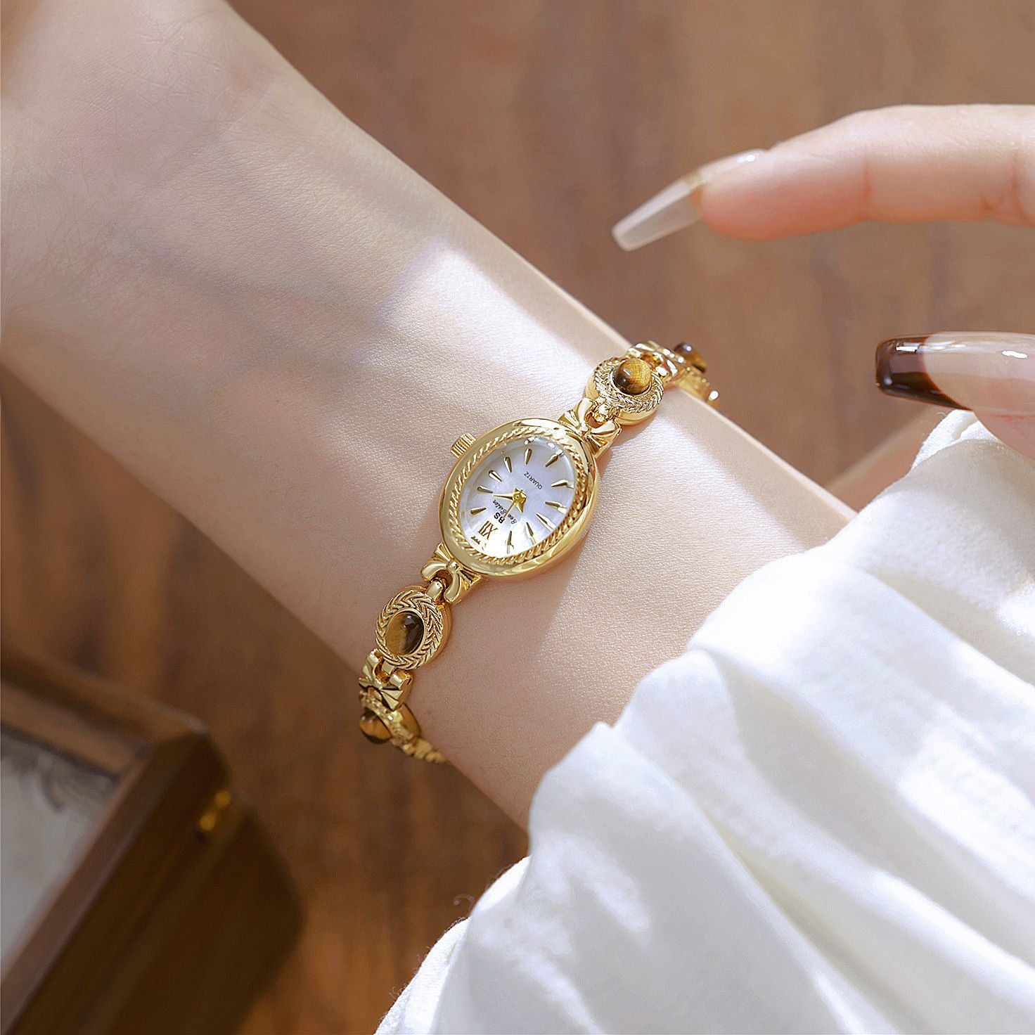 Oval Dial Gemstone Link Bracelet Watch