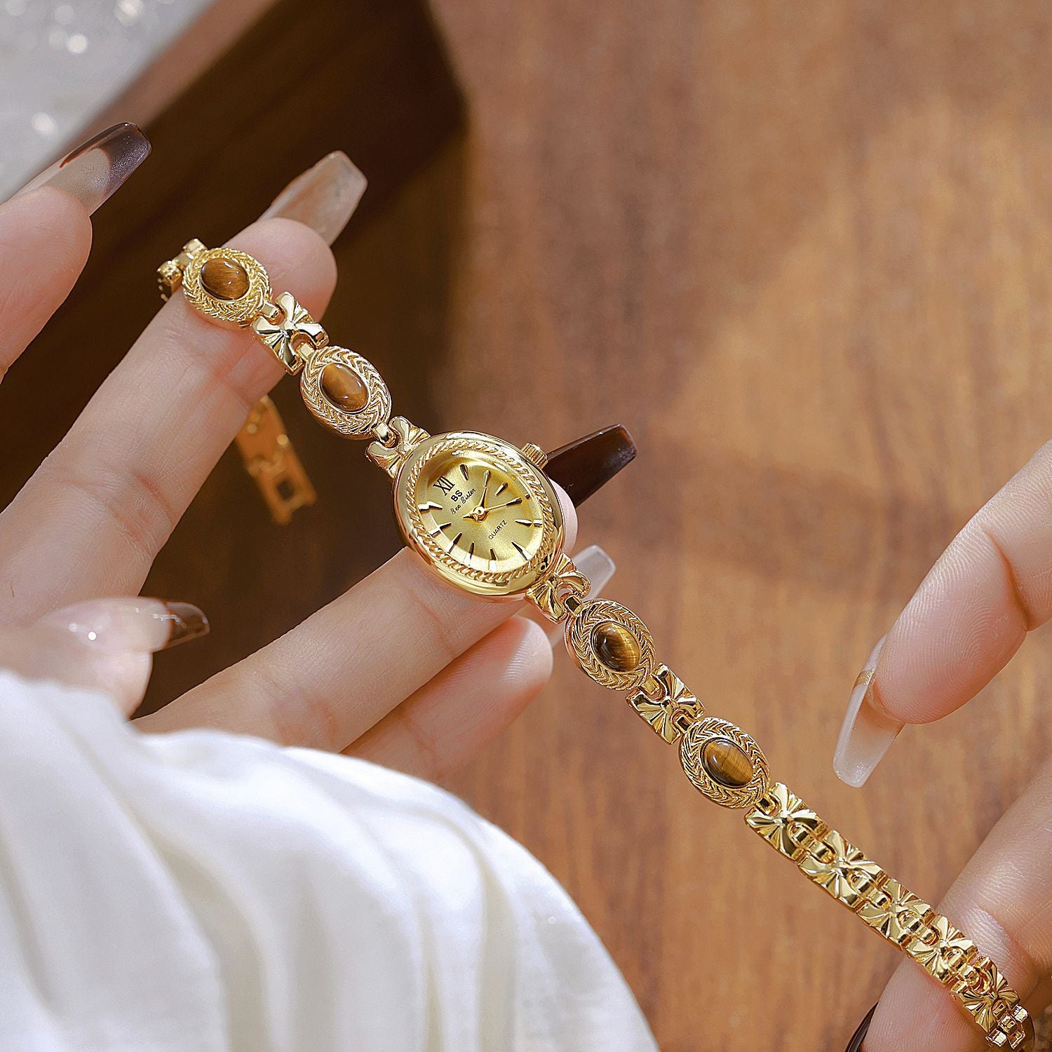 Oval Dial Gemstone Link Bracelet Watch