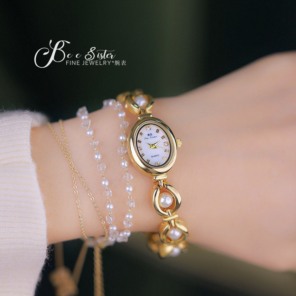 Oval Dial Pearl Link Bracelet Watch