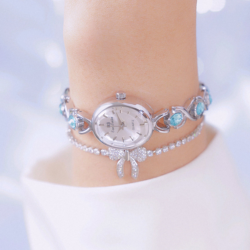 Round Dial Aquamarine Stone Link Bracelet Watch