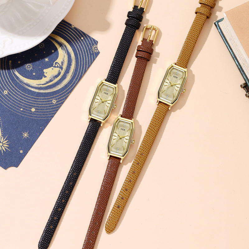 Gold Rectangular Crystal Accent Strap Watch