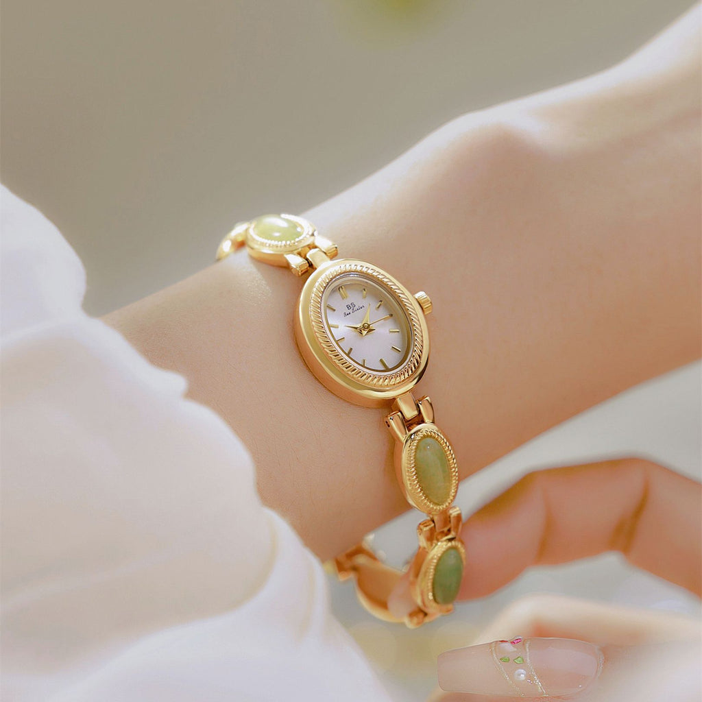 Oval Dial Green Gemstone Link Bracelet Watch