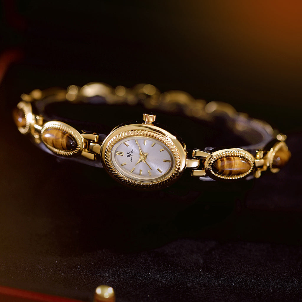 Oval Dial Green Gemstone Link Bracelet Watch