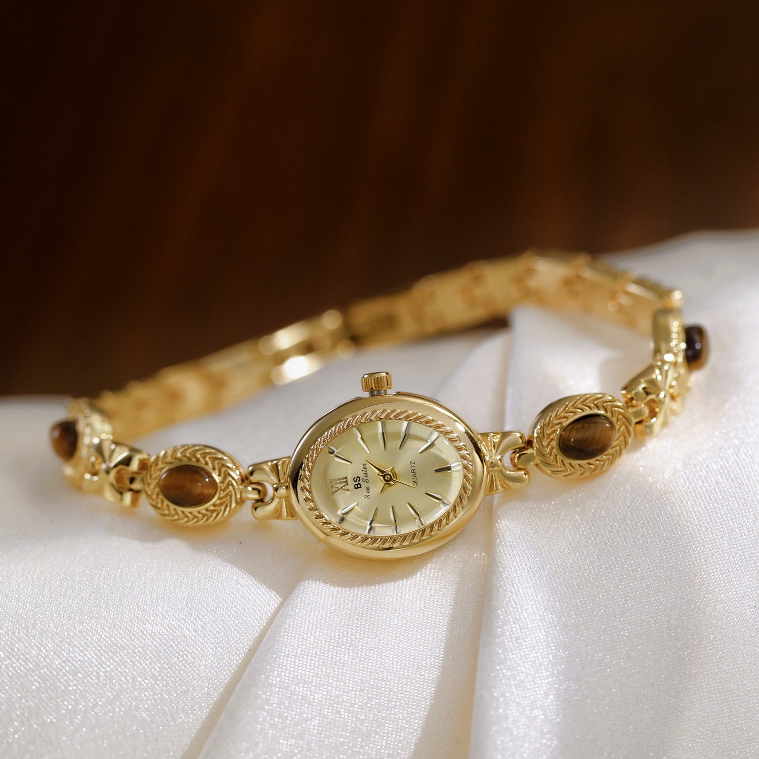 Oval Dial Gemstone Link Bracelet Watch