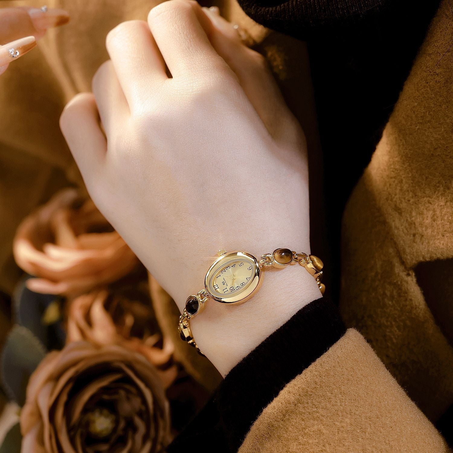 Sophisticated Oval Dial Stone Quartz Watch